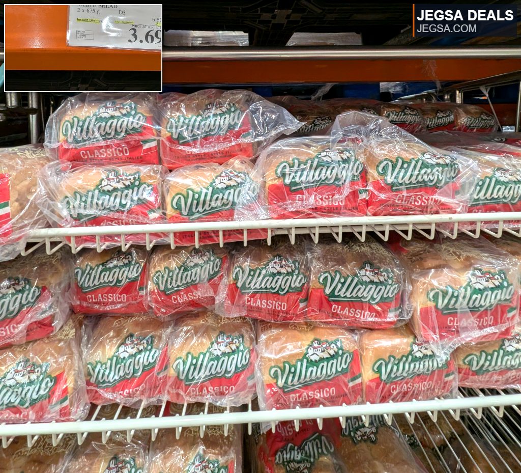 Villaggio Classico White Bread 2-pack for $3.69 at Costco, ideal for family meals and sandwiches.