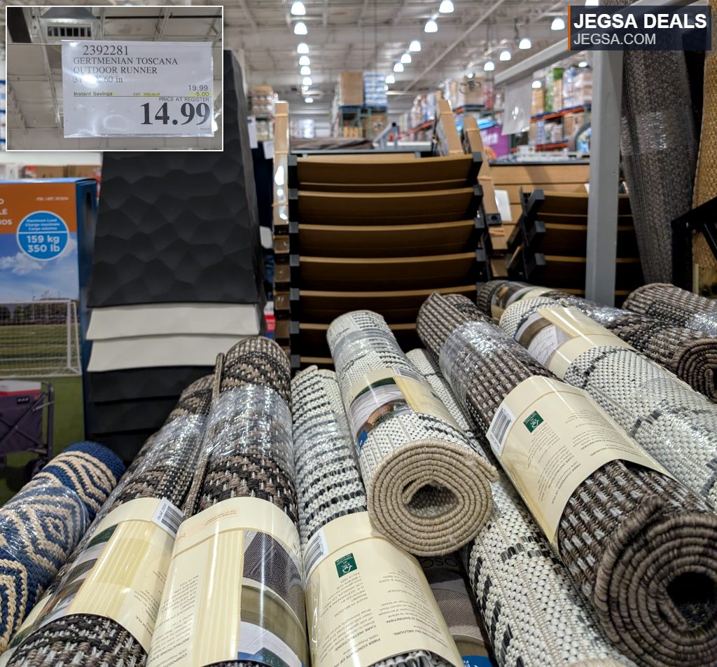 Gertmenian Toscana outdoor runner, various patterns, durable for patios and decks, available at Costco for $14.99.