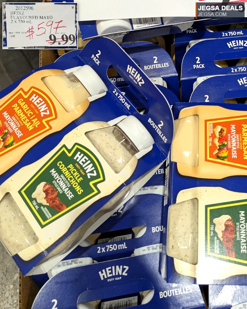 Heinz flavoured mayonnaise twin pack with garlic parmesan and pickle cornichon varieties from Costco, priced at $9.99.