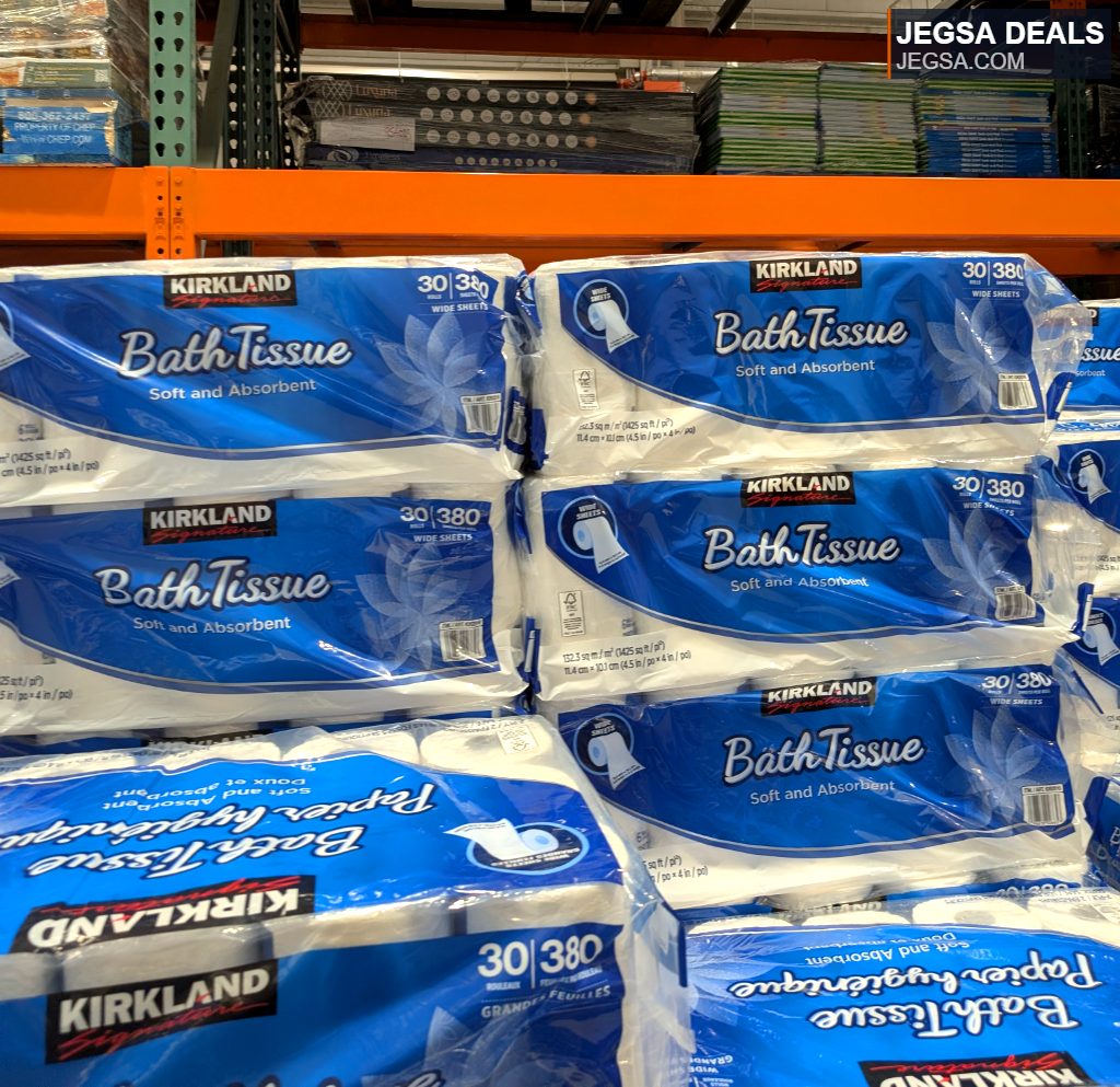 Kirkland Signature soft and absorbent bath tissue, 30 rolls, from Costco, ideal for stocking up home essentials.