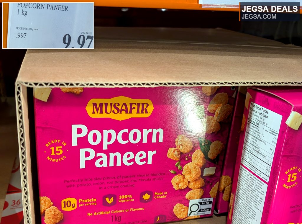 Musafir Popcorn Paneer, 1kg frozen paneer cheese snack with spices, ready in 15 mins, sold at Costco for $9.97.