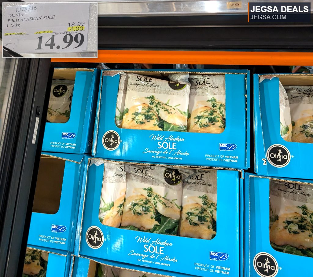 Olivia Wild Alaskan Sole frozen fish at Costco, 1.13 kg, on sale for $14.99, perfect for a quick healthy meal.
