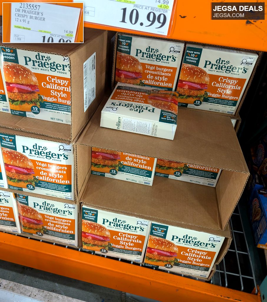 Dr. Praeger's Crispy California Style Veggie Burgers, 12-count pack, frozen, from Costco for $10.99.
