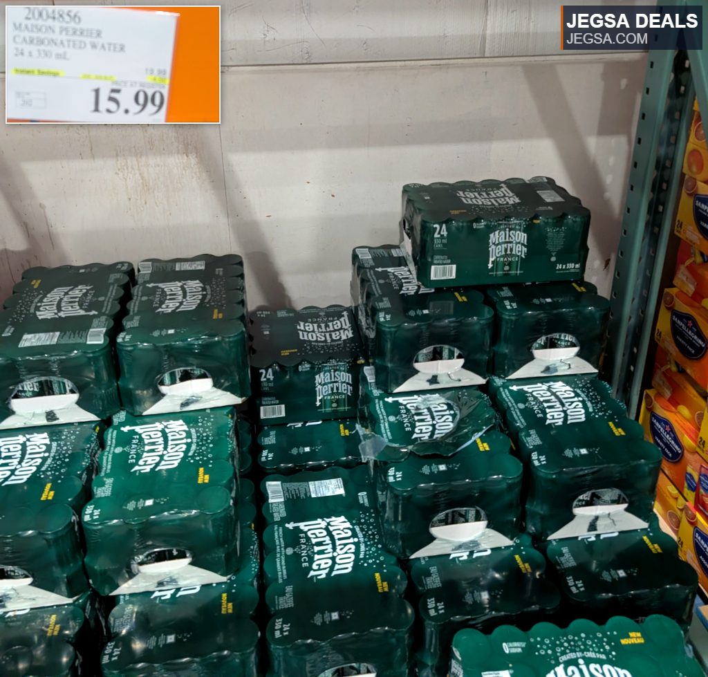 24-pack Maison Perrier carbonated water, 330ml, green packaging, from Costco for $15.99.