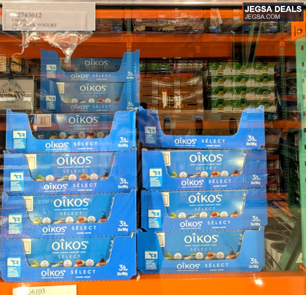 Large pack of Oikos 3% Greek Yogurt in 24x100g cups, blue packaging, for healthy snacks and breakfast, from Costco.
