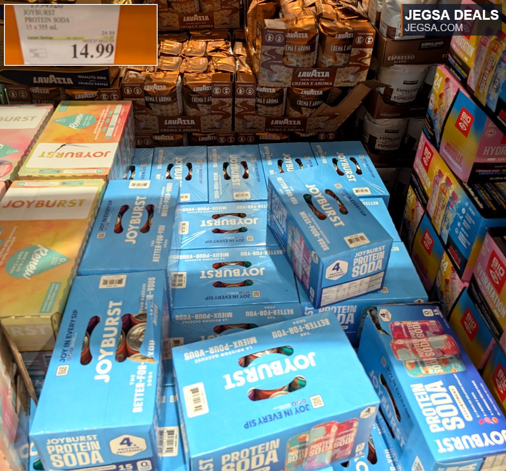 Joyburst Protein Soda 15-pack, 355ml cans from Costco, a sparkling protein-infused beverage for a healthy lifestyle.