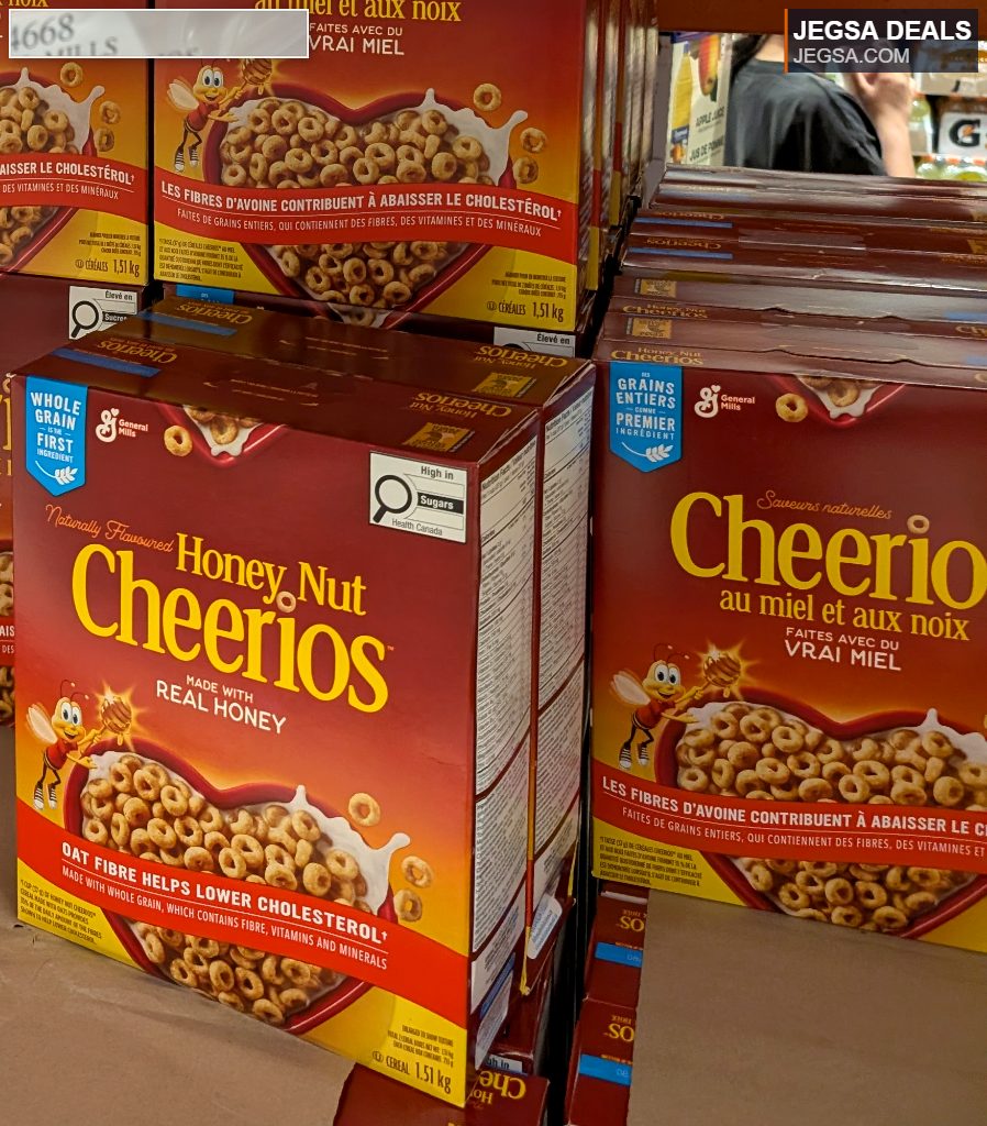 Large 1.51 kg box of General Mills Honey Nut Cheerios cereal from Costco, on sale for $7.99.