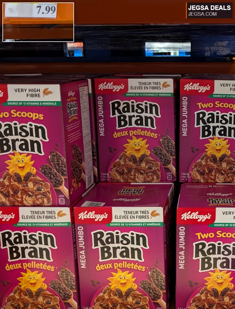 Kellogg's Two Scoops Raisin Bran 1.44 kg cereal box, high fibre, source of vitamins, from Costco for $7.99.