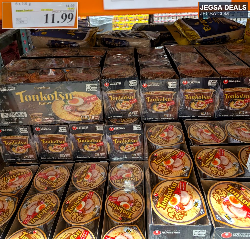 Nongshim Tonkotsu Ramen 6-pack with rich pork broth and noodles from Costco, priced at $11.99.