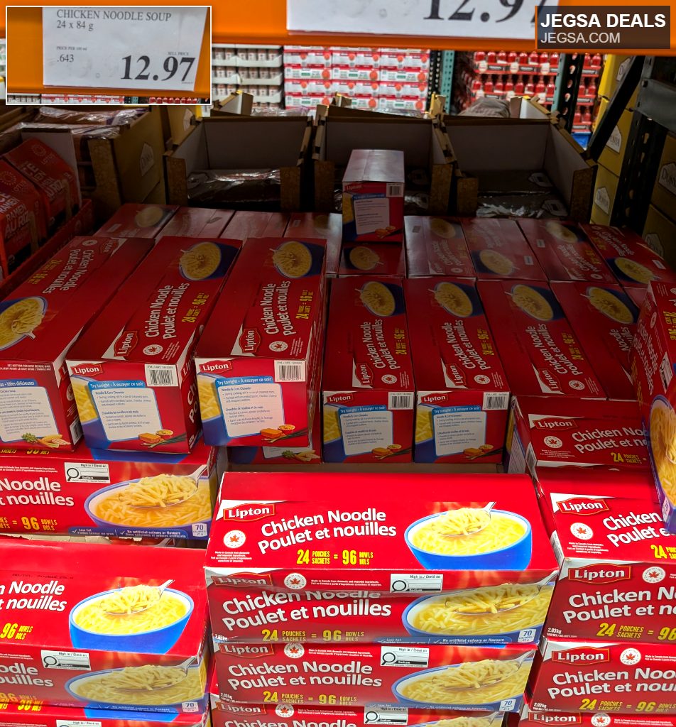 Lipton Chicken Noodle Soup in a bulk pack of 24 pouches from Costco, priced at $12.97 for easy meal prep.
