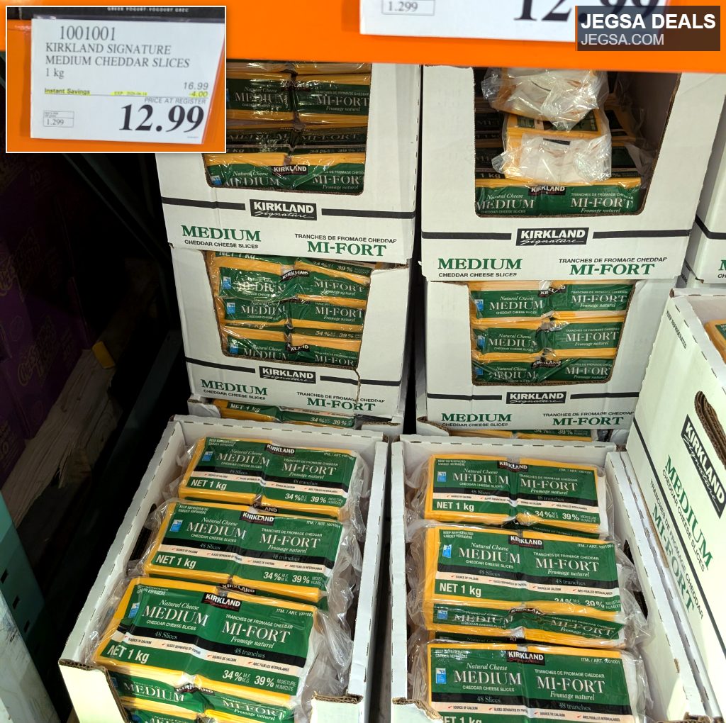 Kirkland Signature 1kg medium cheddar cheese slices from Costco, great for sandwiches and cooking.