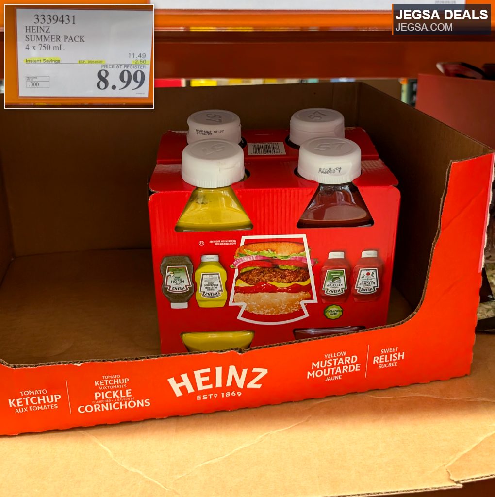 Heinz Summer Pack 4 x 750mL ketchup, mustard, and relish condiment bottles from Costco, priced at $8.99.