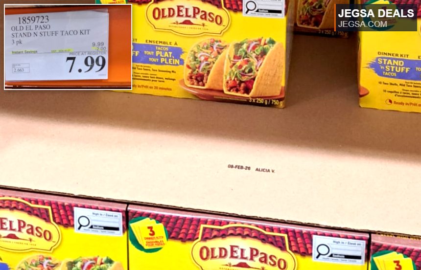 Old El Paso Stand 'N Stuff Taco Kit 3pk from Costco for $7.99, perfect for a family meal.