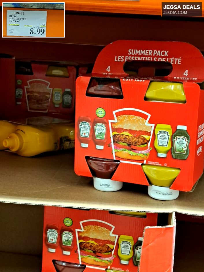 Heinz Summer Pack 4 x 750 mL, including ketchup, mustard, and relish, for $8.99 at Costco.