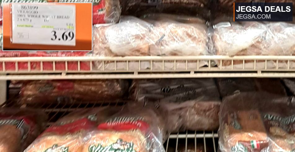 Villaggio 100% Whole Wheat Bread twin pack from Costco, 2x675g loaves, priced at $3.69.