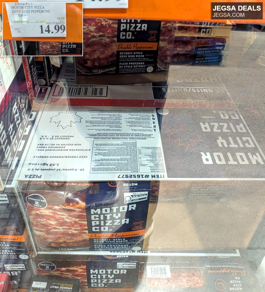 Motor City Pizza Co. Detroit-style deep dish pepperoni pizza, a 2-pack from Costco for $14.99.