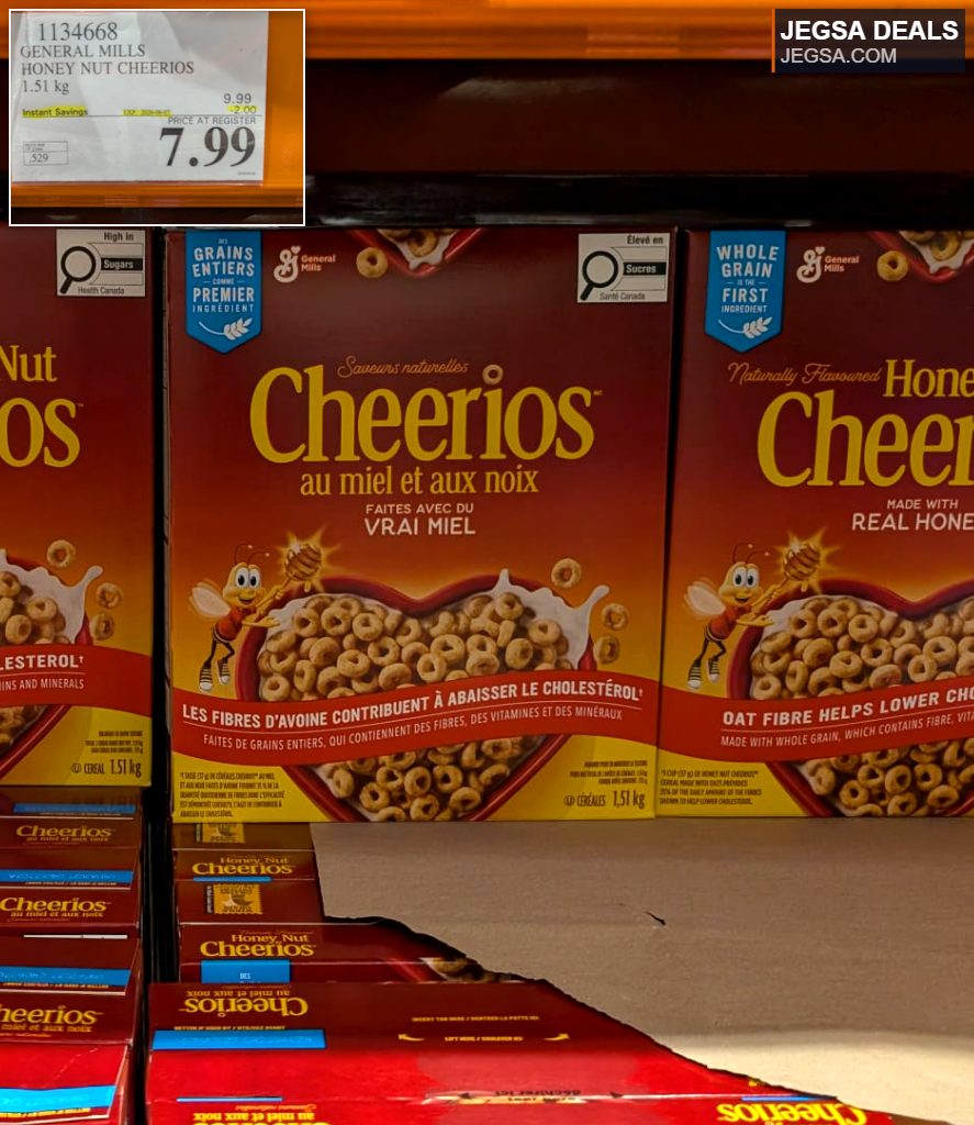 Large 1.51kg box of General Mills Honey Nut Cheerios cereal from Costco, priced at $7.99 with instant savings.