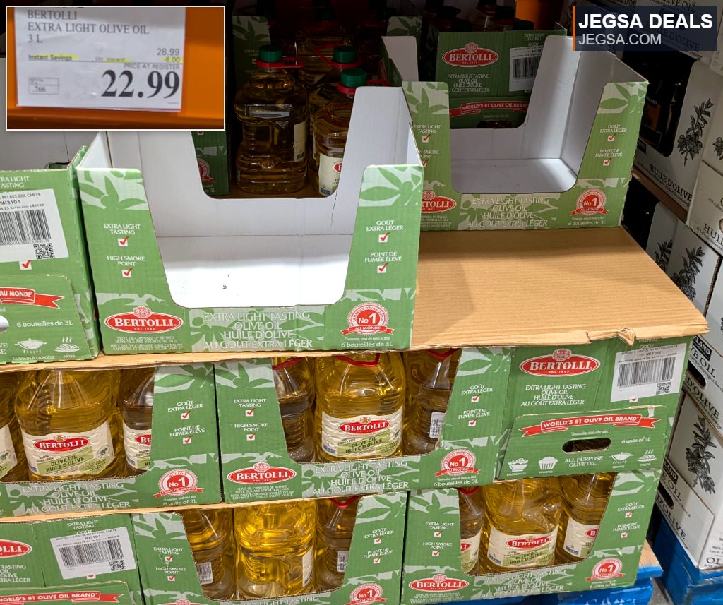 Bertolli Extra Light Olive Oil in a large 3L bottle, displayed in a multi-pack carton at Costco for $22.99.