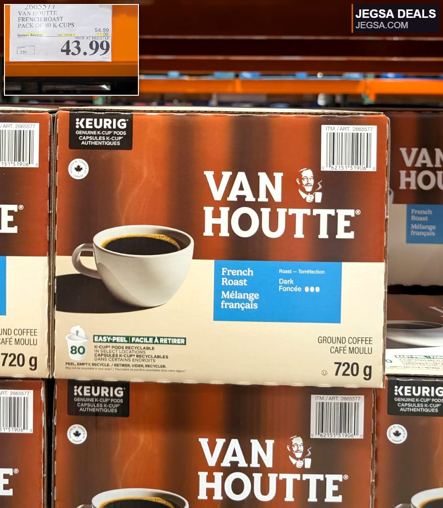 Van Houtte French Roast dark ground coffee K-Cups, 80-count, for Keurig brewers, available at Costco.