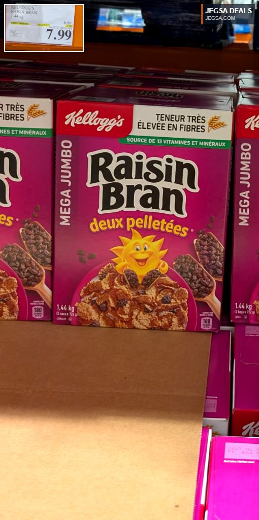 Kellogg's Raisin Bran Mega Jumbo cereal, 1.44 kg box, offering two scoops of raisins, available at Costco for $7.99.