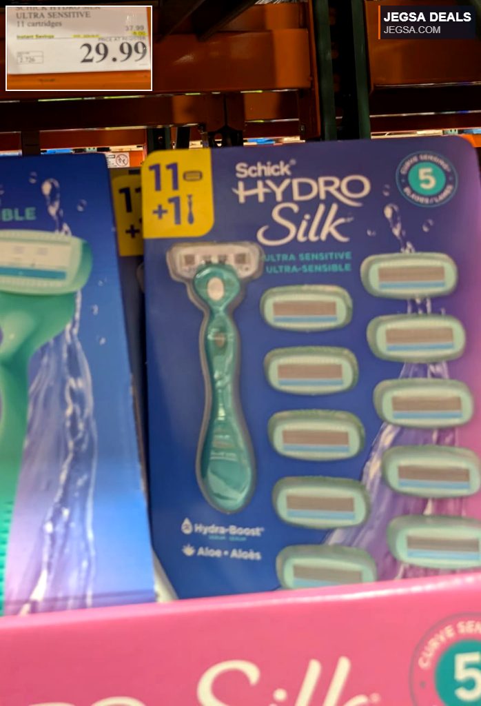 Schick Hydro Silk Ultra Sensitive razor and 11 cartridges from Costco for $29.99, designed for a smooth shave.