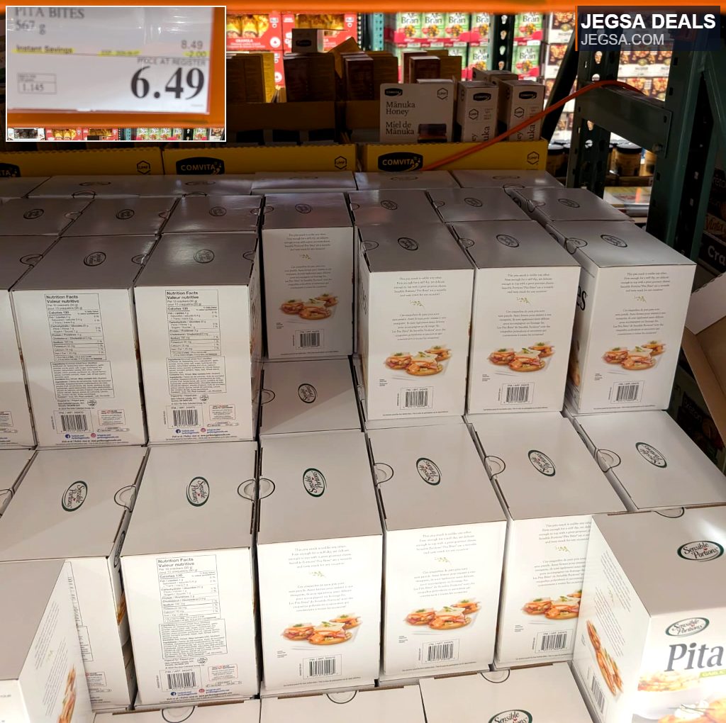 Sensible Portions Pita Bites 567g from Costco, great for snacking or dipping, priced at $6.49.