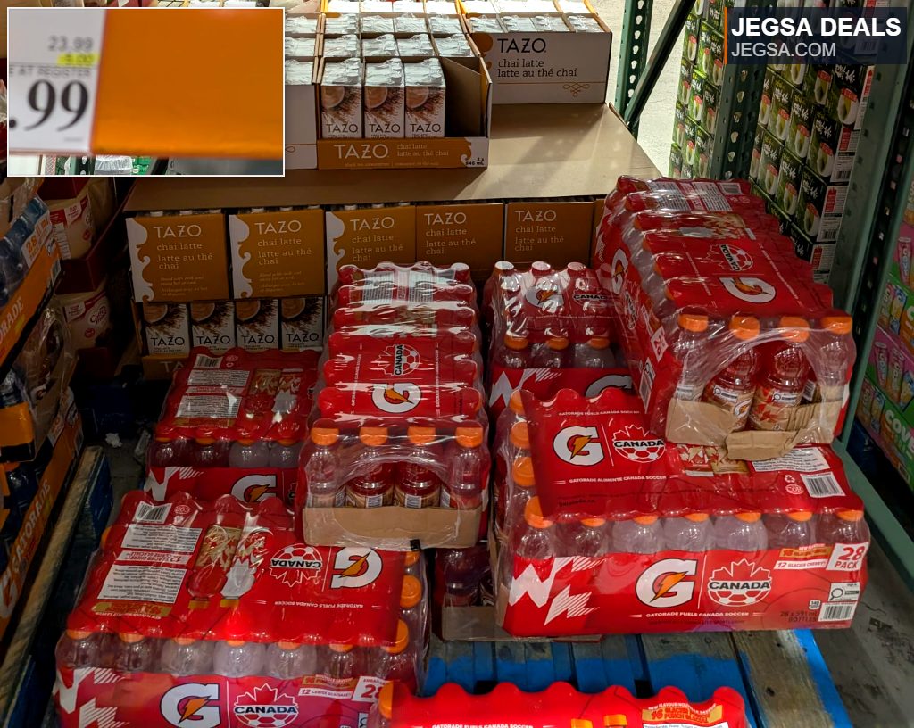 28-pack of Gatorade Sports Drink, 591 mL bottles, from Costco for $18.99, featuring 'Gatorade Fuels Canada Soccer' branding.