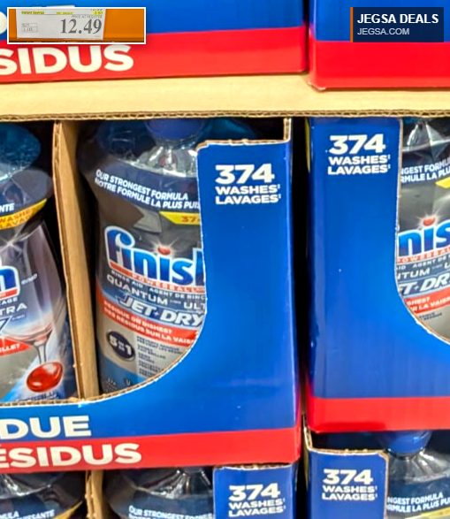 Finish Powerball Quantum Ultra Jet-Dry Rinse Aid, 1.12L bottle, for spotless dishes at Costco, priced at $12.49.