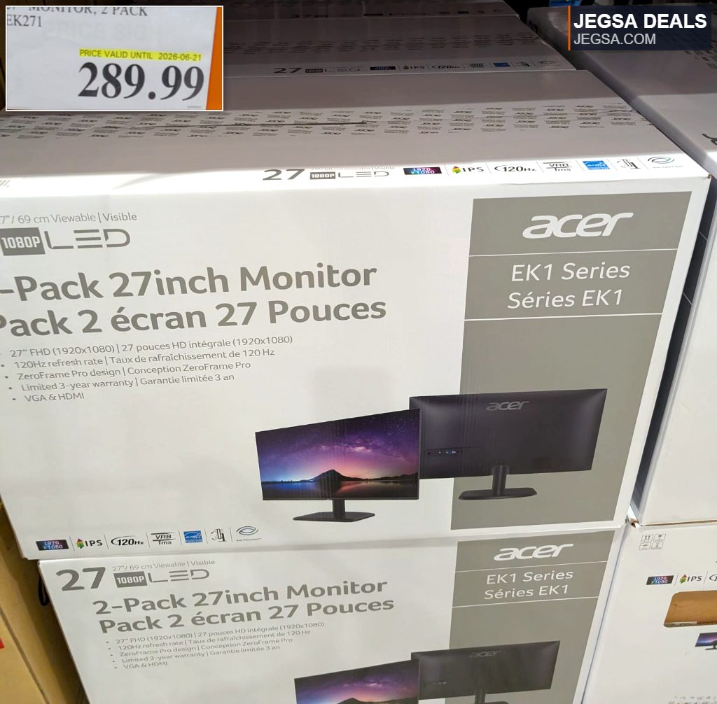 Acer EK1 Series 27-inch 1080P LED monitors (2-pack) from Costco, ideal for computing and gaming setups.