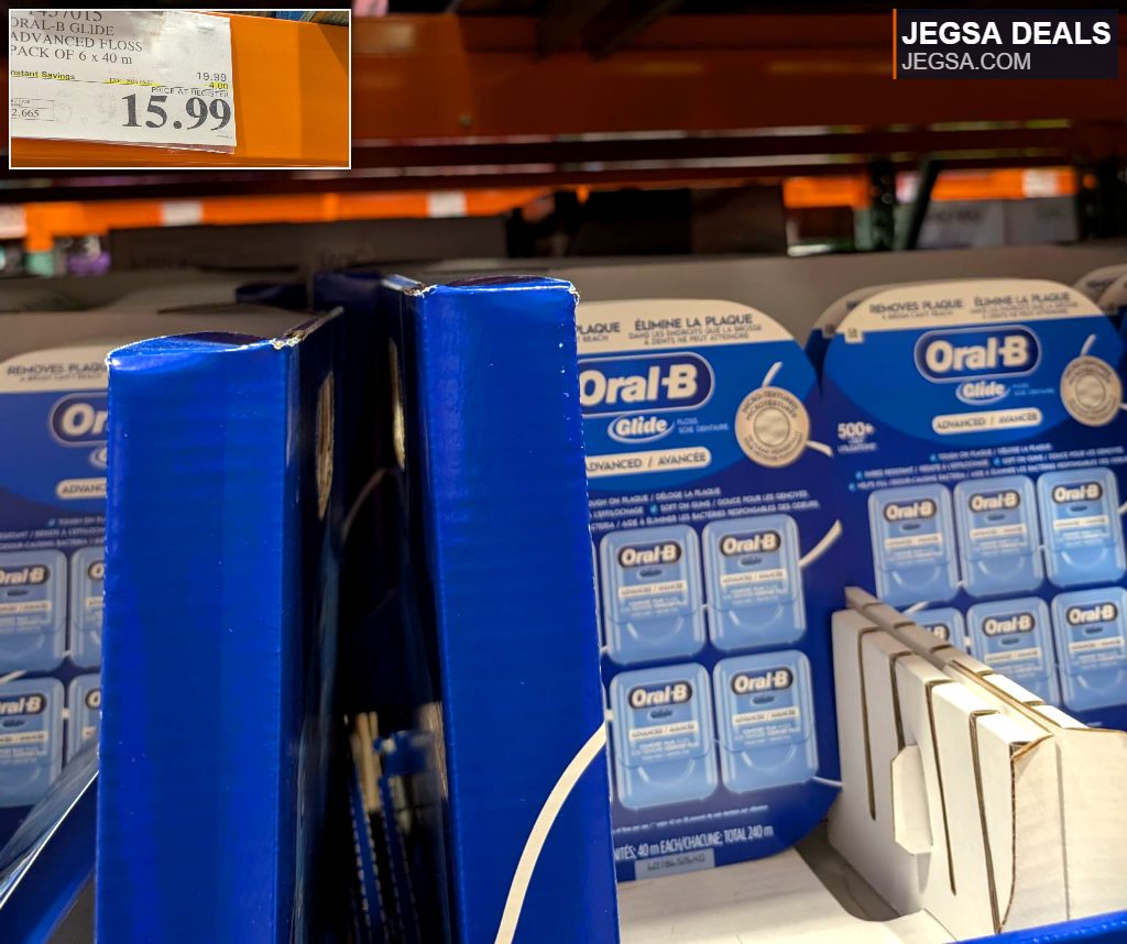 Oral-B Glide Advanced Floss 6-pack (40m each) for dental hygiene from Costco, priced at $15.99.
