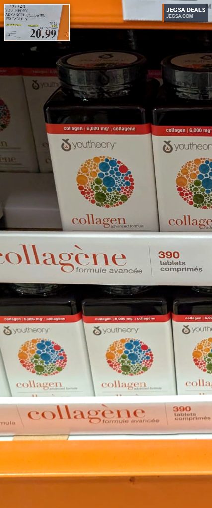Youtheory Advanced Collagen 390 tablets for health and vitality, 6,000mg. Available at Costco for $20.99.