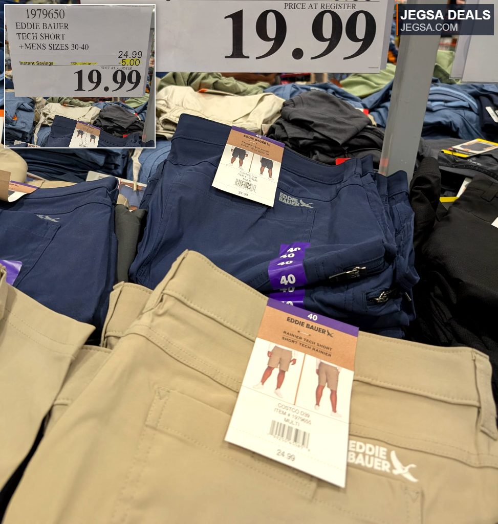 Men's Eddie Bauer tech shorts in multiple colors like navy and tan, ideal for outdoor activities, found at Costco for $19.99.