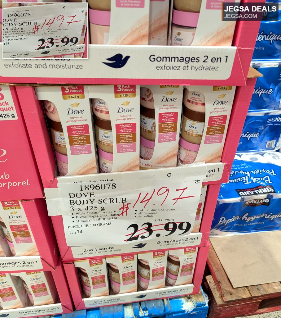 Dove Body Scrub 3-pack with white peach, brown sugar, and himalayan salt scents for exfoliation and moisturizing, found at Costco for $3.99.