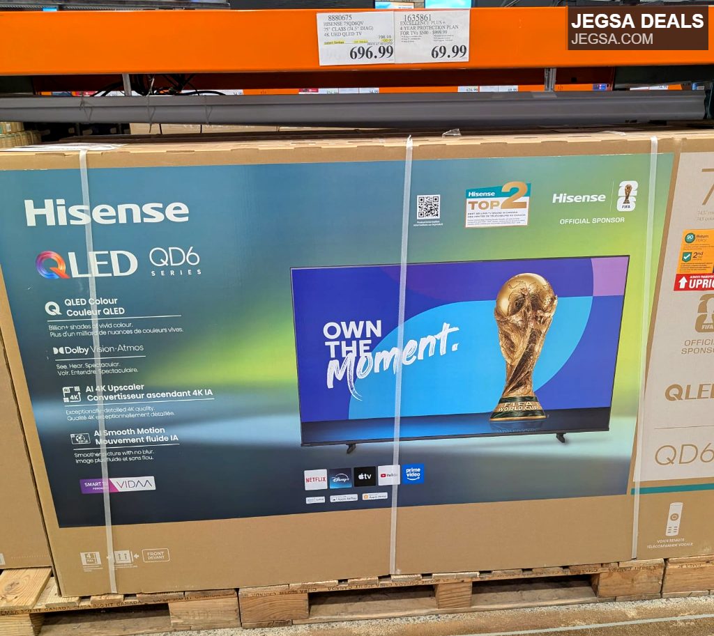 Hisense 75-inch 4K UHD QLED TV from Costco, offering vibrant QLED color and Dolby Vision Atmos sound.