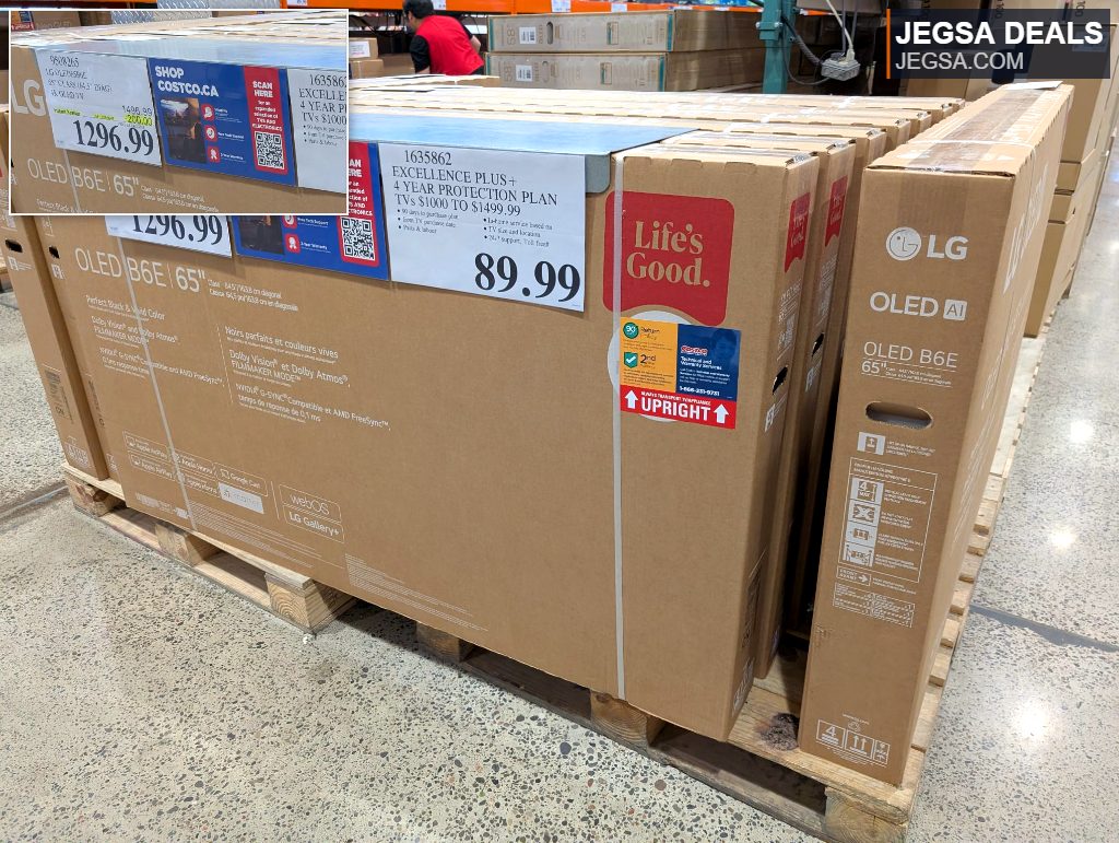 LG OLED B6E 65-inch 4K TV in its original brown cardboard packaging at Costco, offering crisp visuals and smart features.
