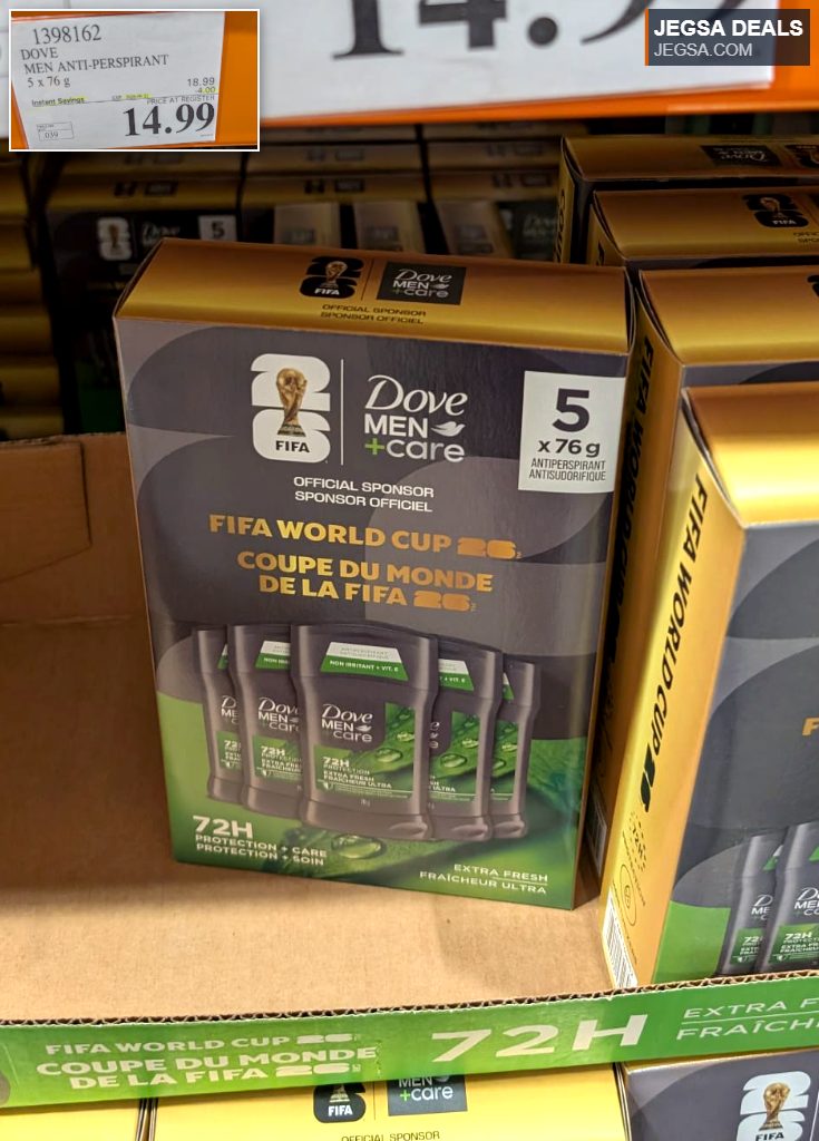 Dove Men+Care Anti-Perspirant 5-pack (5x76g) Extra Fresh with FIFA World Cup branding, available at Costco for $14.99.
