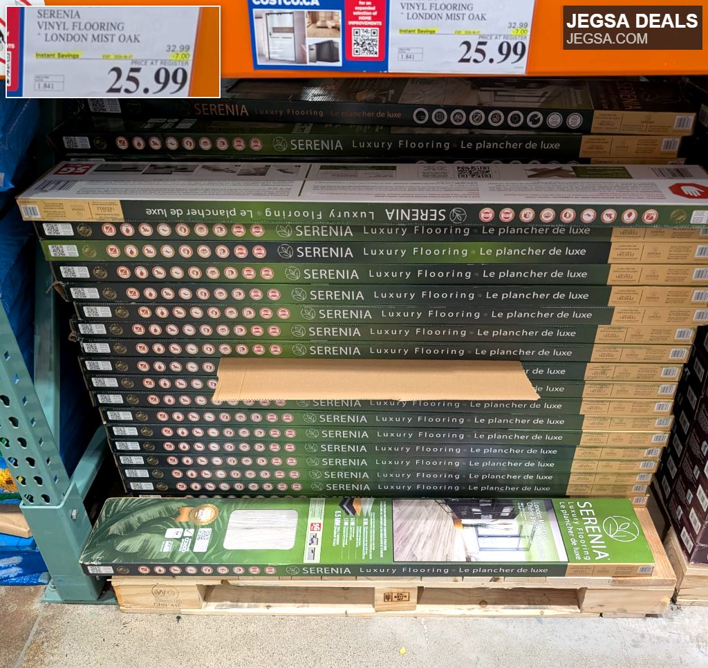Serenia London Mist Oak vinyl flooring from Costco, priced at $25.99 per box.