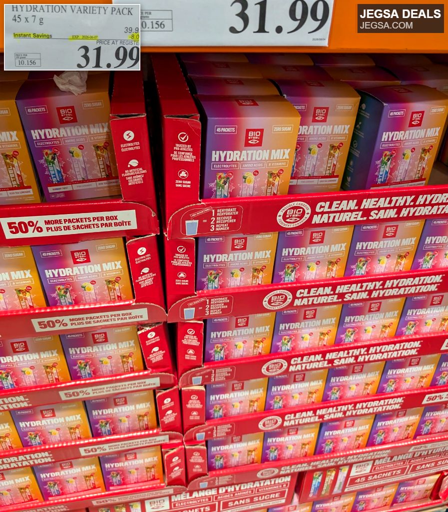 Biosteel Hydration Mix Variety Pack (45x7g) with electrolytes and vitamins from Costco, $31.99.
