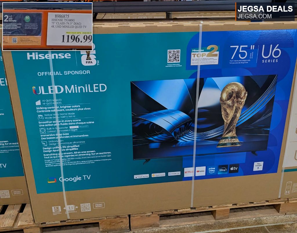 Hisense 75 inch U6 Series ULED MiniLED Google TV from Costco, offering vibrant visuals and powerful audio for an immersive home theater experience.