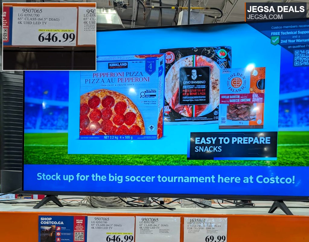 LG 65-inch 4K UHD LED TV from Costco, priced at $646.99, offering clear visuals for home entertainment.