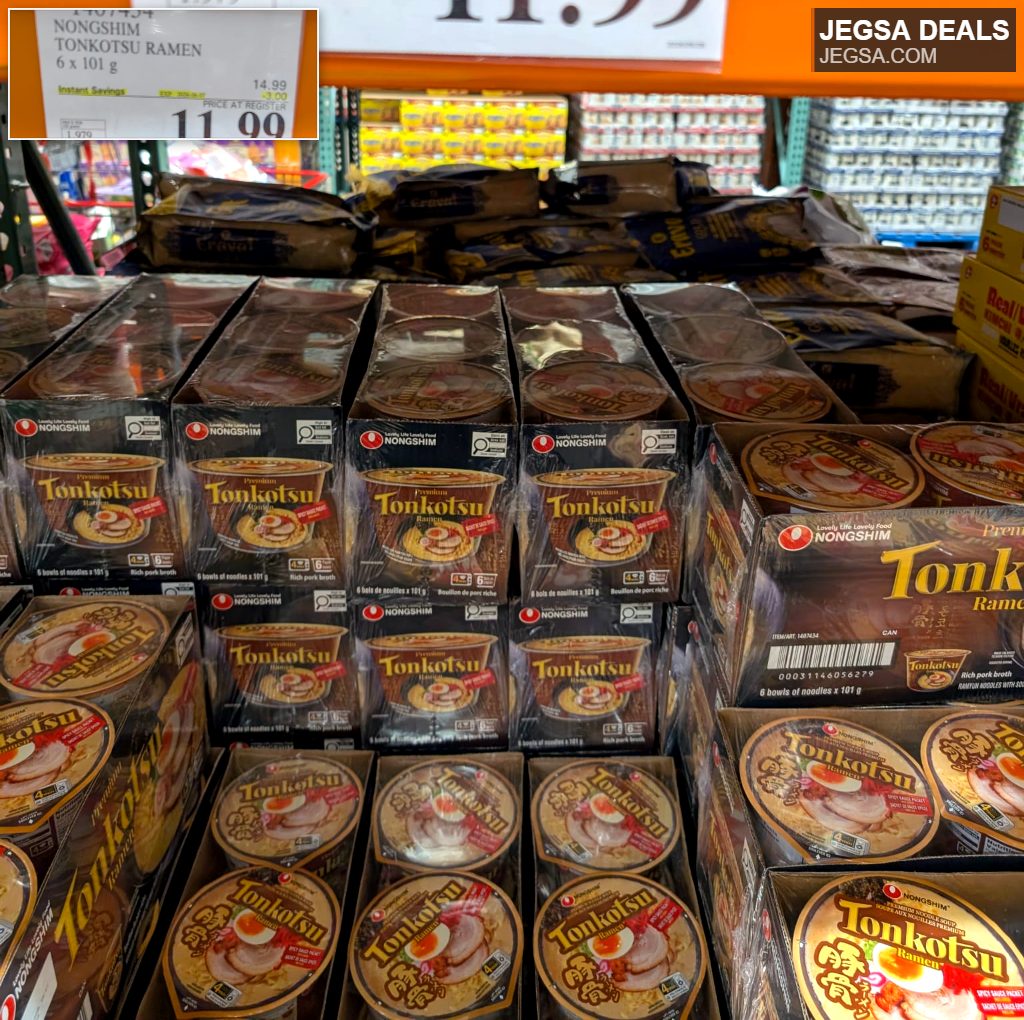 Nongshim Premium Tonkotsu Ramen, 6-pack of 101g bowls with rich pork broth, available at Costco for $11.99.