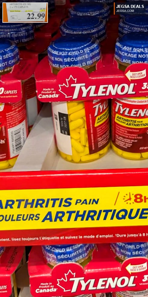 Tylenol Arthritis 650mg 2x175 caplets from Costco, 22.99. Pain relief medication in yellow caplets with blue child-resistant caps.