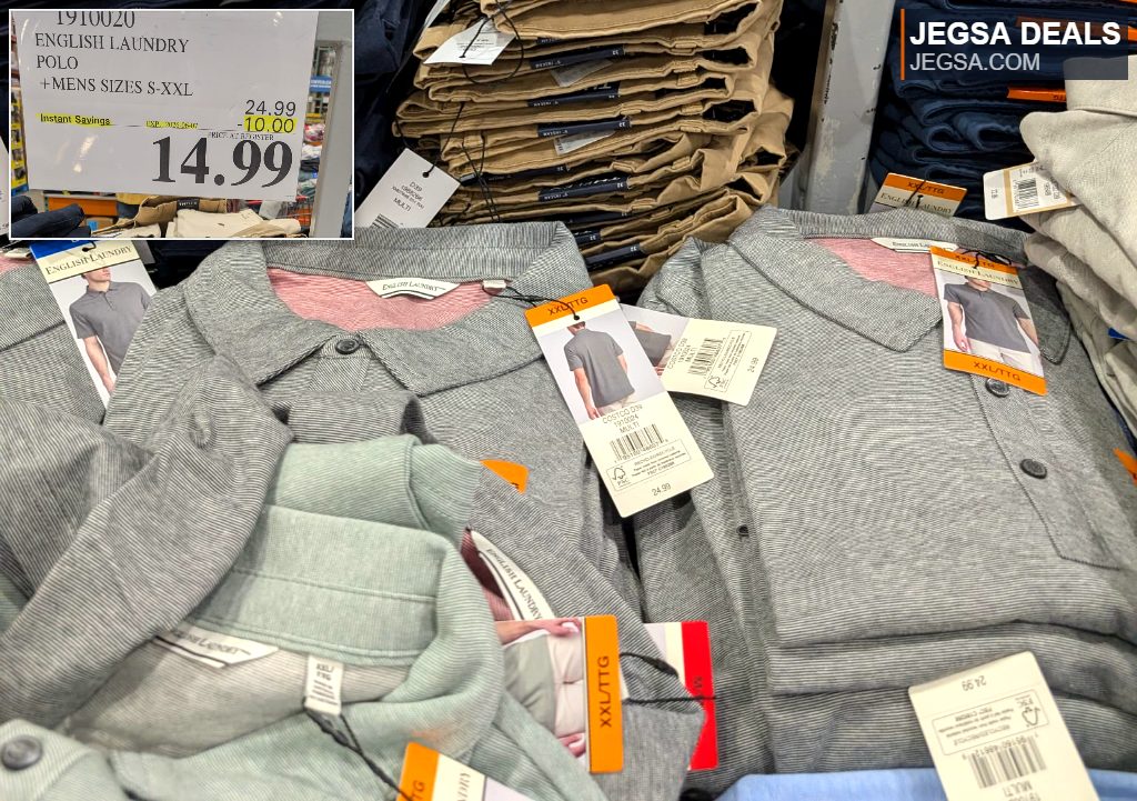 English Laundry men's grey and light green striped polo shirts, available at Costco for $14.99.