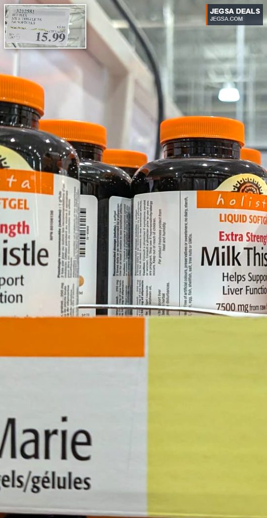 Holista Extra Strength Milk Thistle Liquid Softgels 240-count from Costco, supports liver function, priced at $15.99.