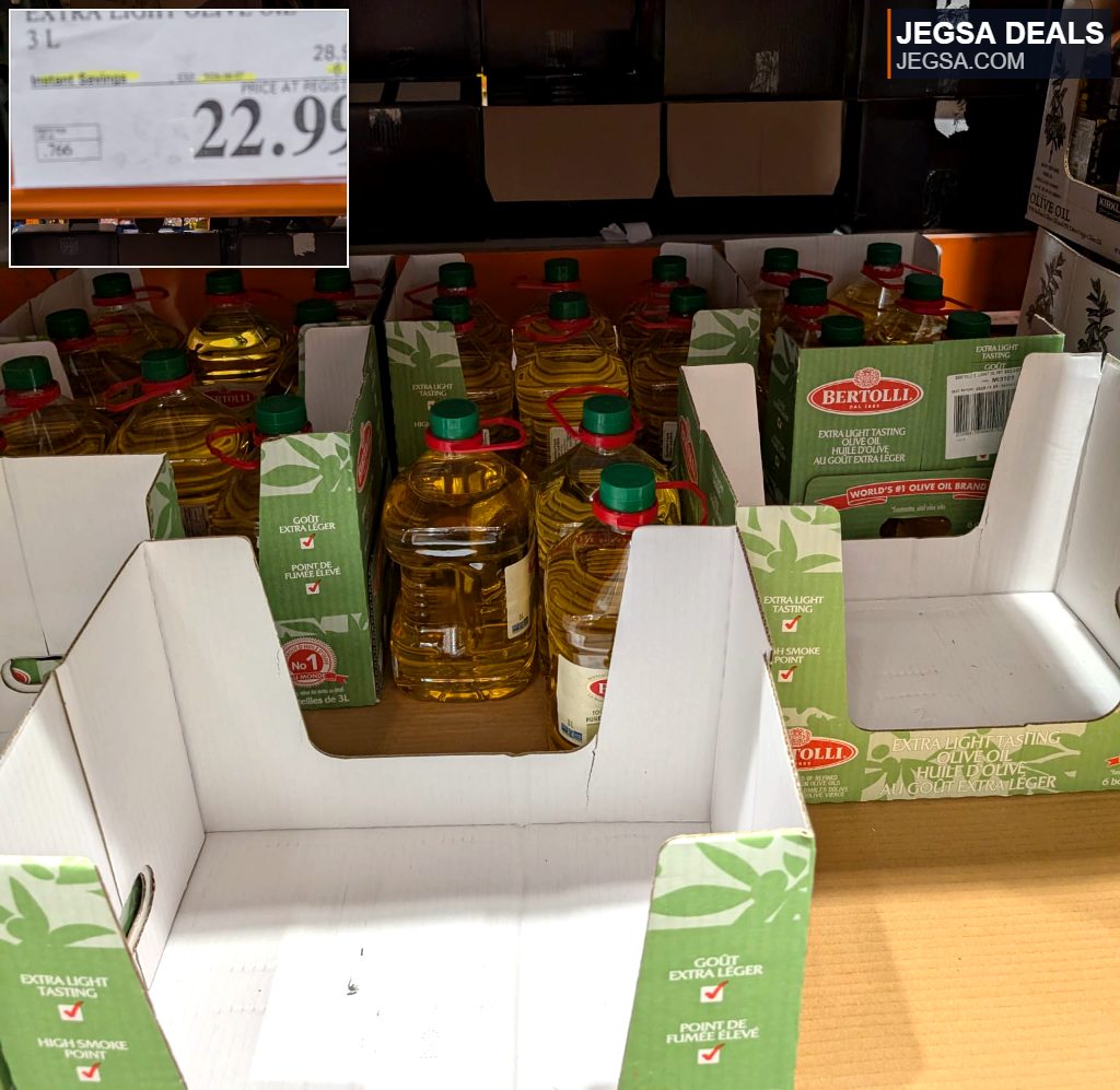 Bertolli Extra Light Olive Oil in 3L bottles, packaged in bulk for easy shopping at Costco for $22.99.