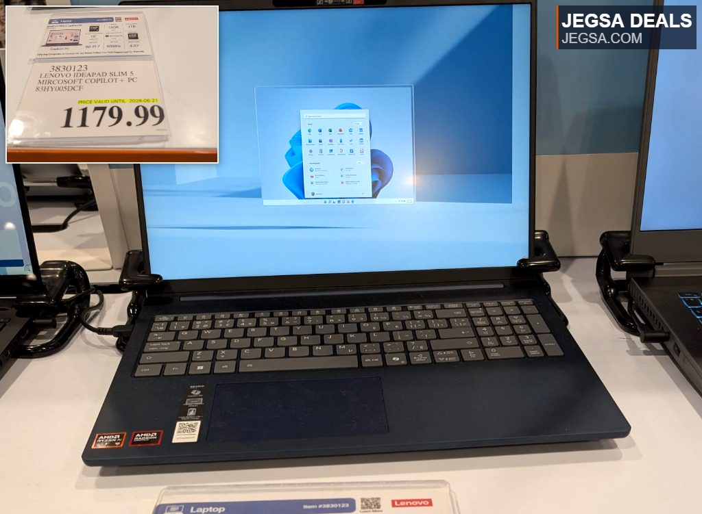 Dark gray Lenovo IdeaPad Slim 5 Copilot+ PC with a 16-inch screen, 16GB RAM, and 1TB SSD, priced at $1179.99 at Costco.