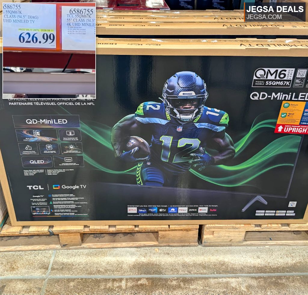 TCL 55-inch 4K UHD MiniLED TV from Costco, offering vibrant picture quality for an immersive home theater experience.