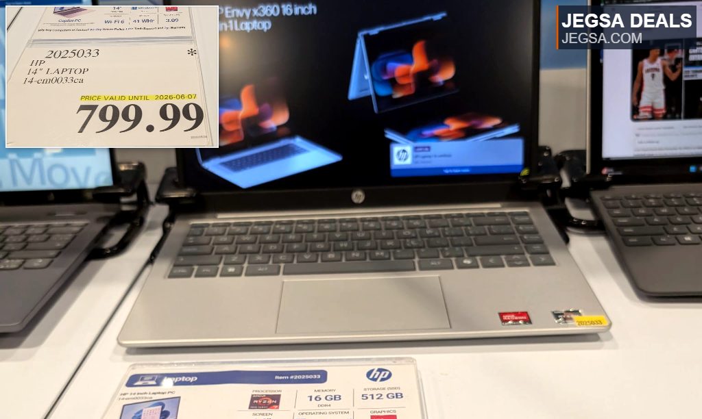 HP 14-inch silver laptop (model 14-em0033ca) with Windows 11 and Copilot PC from Costco, featuring 16GB RAM, 512GB SSD for $799.99.