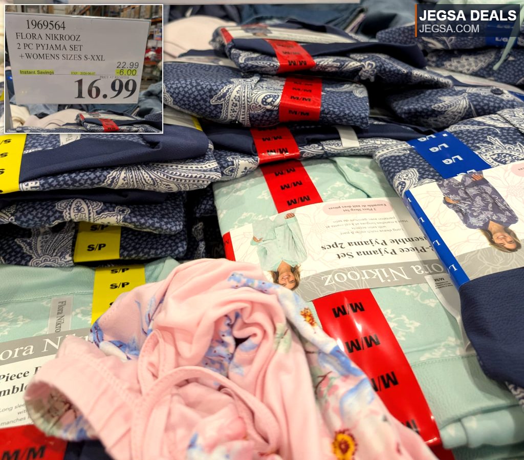 Flora Nikrooz 2-piece women's pyjama set in various colors and patterns from Costco, priced at $16.99.