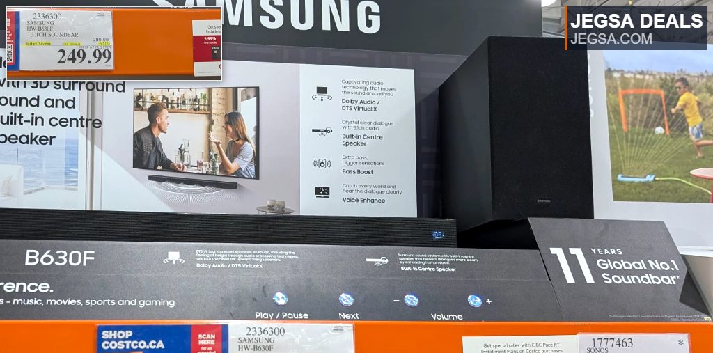 Samsung HW-B630F 3.1CH soundbar with subwoofer, delivering 3D surround sound, available at Costco for $249.99.